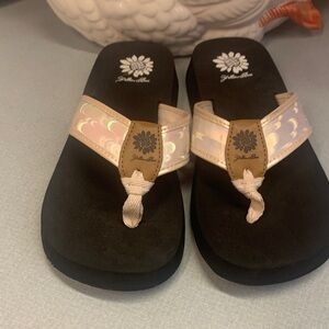 Yellow Box Pink Iridescent Thong Sandals with Black Footbed